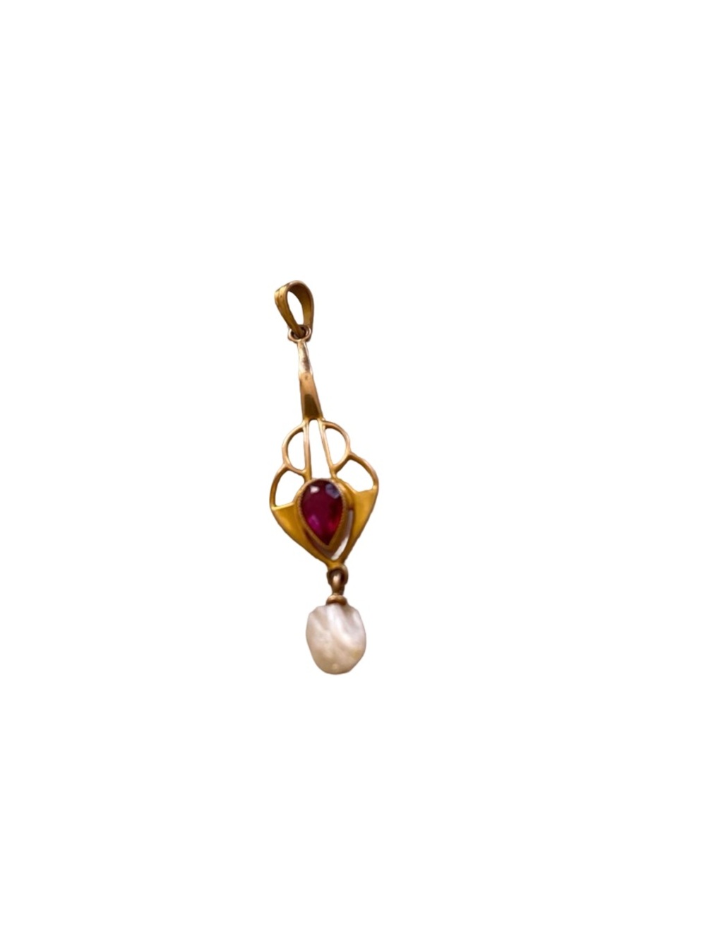 10k Gold Antique Edwardian Pendant with Ruby and Pearl